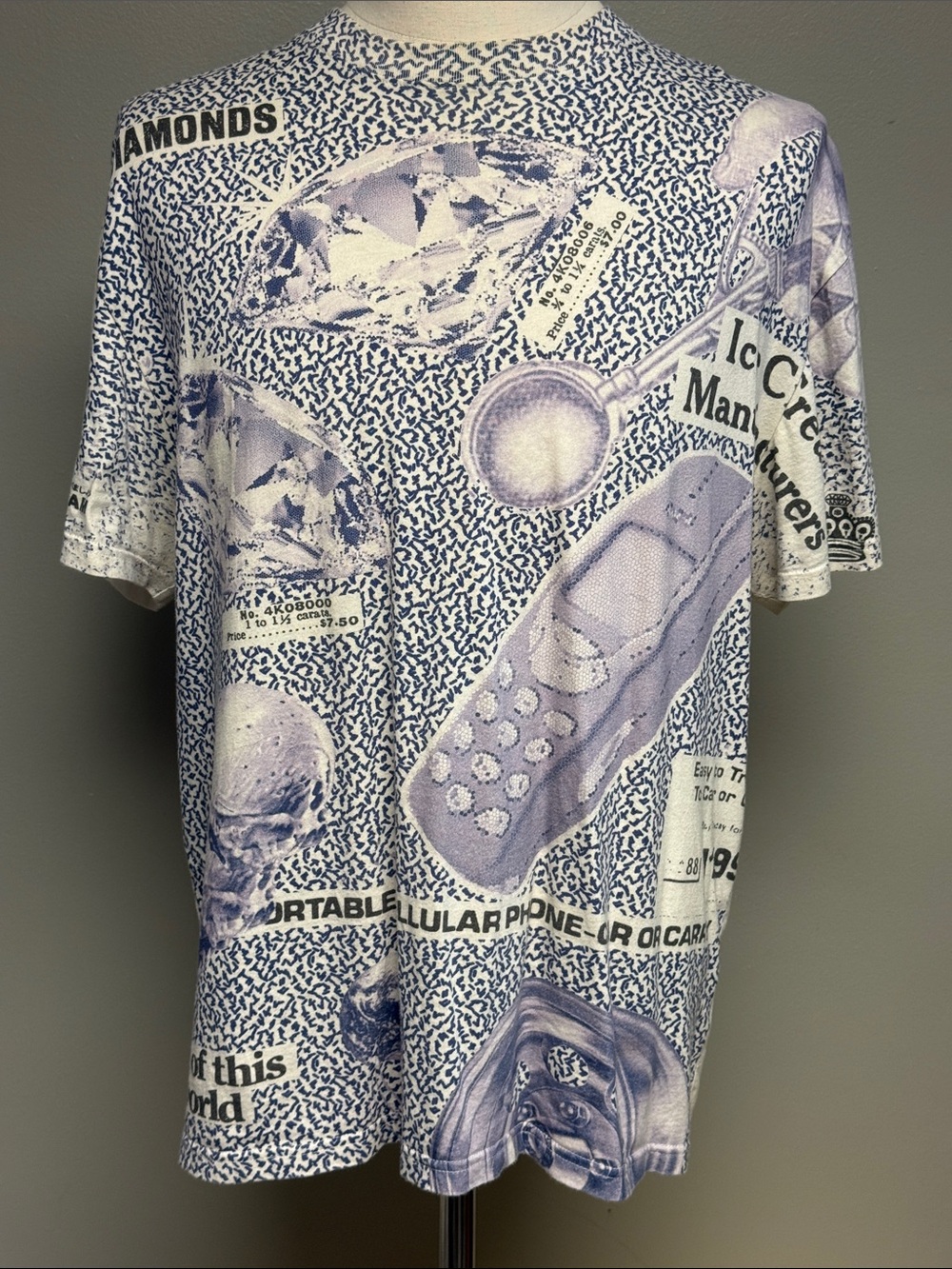 Ice Cream Men’s Graphic All Over Print T-Shirt Blue White Size L Diamonds Y2K